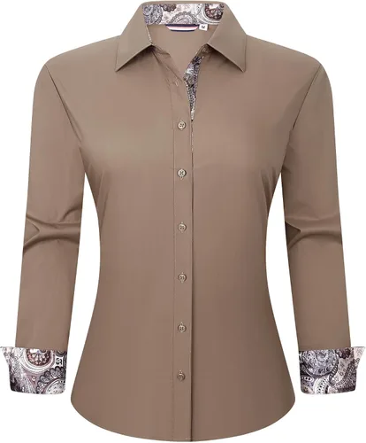 Miniatura 7 de WARHORSEE Blusas de vestir de manga larga con botones de algodón para mujer, blusas de trabajo elegantes de fácil cuidado, blusas casuales