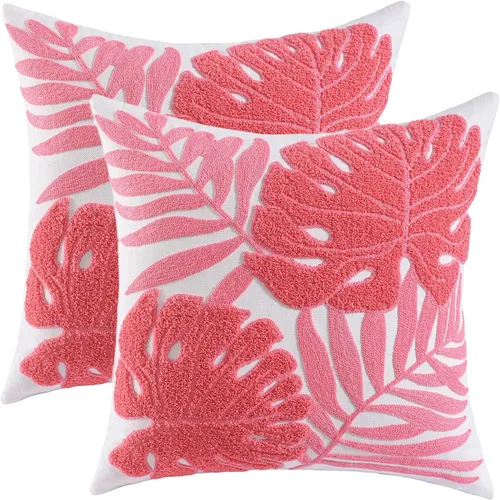 Miniatura 11 de Fundas de almohada bordadas de 18 x 18 pulgadas, paquete de 2 fundas de almohada azules botánicas tropicales con hojas tropicales, fundas de cojín