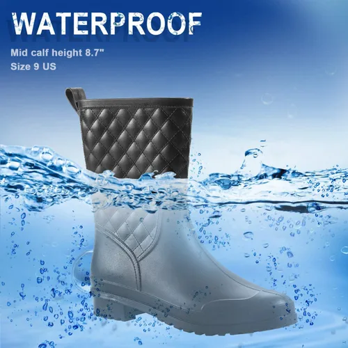 Miniatura 2 de Petrass Botas de lluvia para mujer, color negro impermeable a media pantorrilla, ligeras, lindo botines de moda para trabajar cómodos zapatos