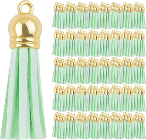 Miniatura 49 de Mandala Crafts 100 borlas de gamuza sintética color aguamarina con tapa dorada, suministros para hacer llaveros a granel, pequeñas borlas de cuero