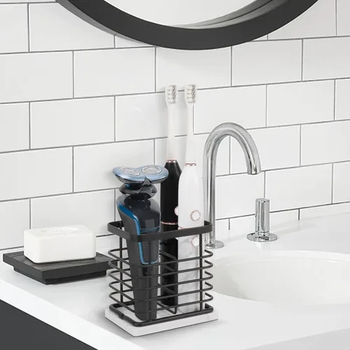 Miniatura 6 de Soporte para cepillos de dientes, lujoso soporte de metal para pasta de dientes con base de mármol para baño, diseño calado de múltiples ranuras