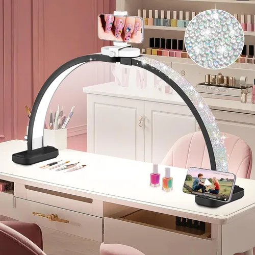 Miniatura 8 de HITTI Lámpara de escritorio de media luna de 29 pulgadas para uñas con soporte para teléfono, lámpara de mesa plegable para uñas, lámpara de mesa