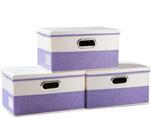 Miniatura 69 de PRANDOM Contenedor de almacenamiento plegable con tapa [1 unidad] Caja de almacenamiento decorativa de tela de lino, cesta organizadora con asas