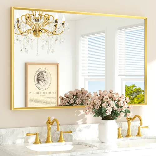 Miniatura 48 de TETOTE Espejo de Baño Dorado de 16" x 20" Latón Dorado Cepillado Rectangular con Marco Biselado Espejo de Tocador de Baño para Sobre el Lavabo