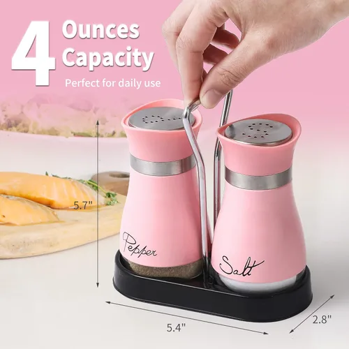 Miniatura 5 de Juego de salero y pimentero, acero inoxidable con botella de vidrio para mesa, RV, campamento, barbacoa, juego de 2, rosa