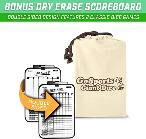 Miniatura 2 de GoSports Juego de dados gigantes de madera con marcador Rollzee y Farkle, incluye 6 dados, marcador de borrado en seco y bolsa de lona, elige dados
