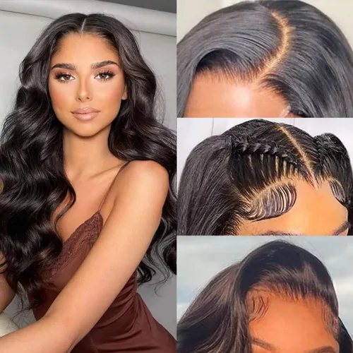 Miniatura 60 de Aaliweya Peluca de encaje frontal 360 HD con encaje frontal 360, peluca de cabello humano para mujer, densidad 180, prearrancada, sin pegamento, 1B