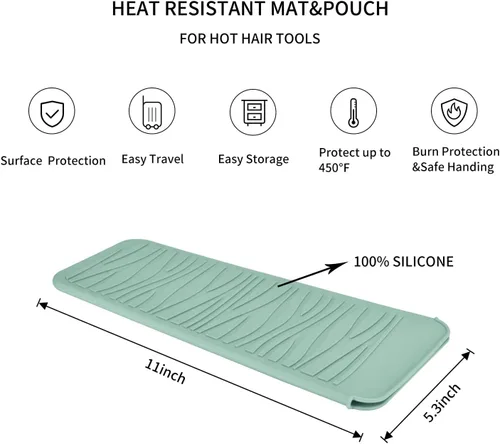 Miniatura 2 de Alfombrilla con bolsa de silicona resistente al calor para alisadoras de pelo, varitas para rizar, planchas planas y herramientas de peinado Verde