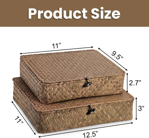 Miniatura 2 de Elsjoy Paquete de 2 cubos de almacenamiento planos de mimbre tejido con tapa y palanca de madera, juego de cestas de hierba marina naturales hechas