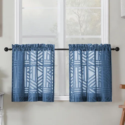 Miniatura 36 de Simplebrand Cortinas traslúcidas negras de cocina de 24 pulgadas de largo, 2 paneles, filtrado de luz, geométrico jacquard con textura, cortinas