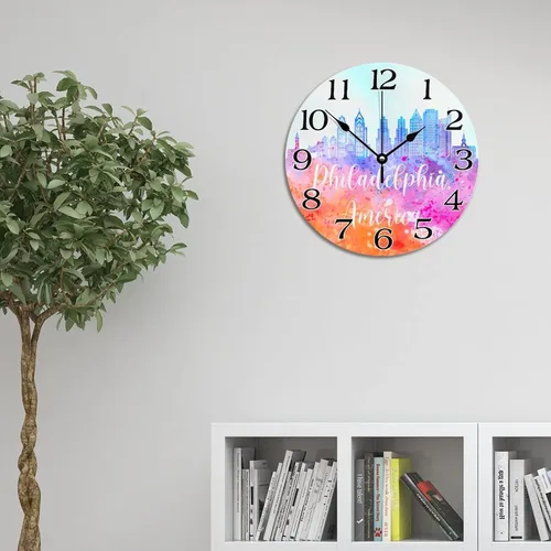 Miniatura 2 de Reloj de pared con silueta de horizonte de Filadelfia de Estados Unidos, acuarela, paisaje urbano, relojes de pared grandes, funciona con pilas, 10