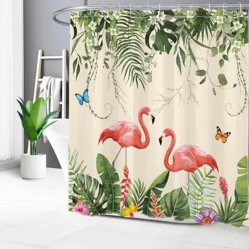 Miniatura 12 de EOBTAIN Cortina de ducha de hojas de plantas tropicales para baño, flamenco rosa y mariposa azul con hojas de palma en beige, cortina de ducha con 8