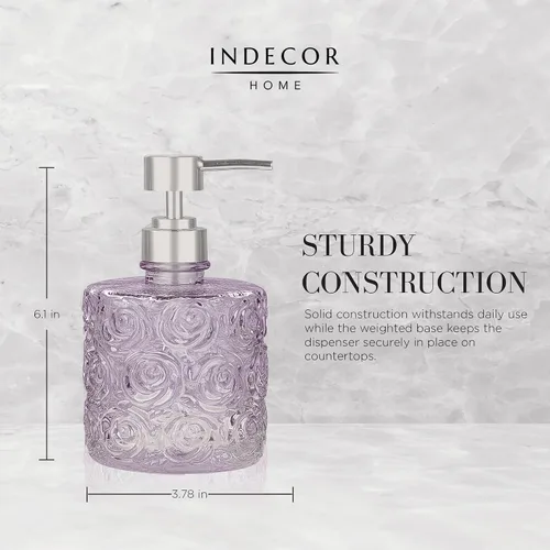 Miniatura 4 de Dispensador de jabón de vidrio Marcella con bomba de jabón, recargable con capacidad de 400 ml, diseño floral con patrones de rosas, vidrio grueso