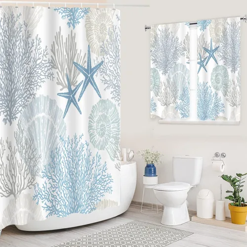YISURE Seashell - Cortinas de ducha y ventana a juego para baño, juego de 2 cortinas de ducha de 72 x 72 pulgadas con 30 x 36 pulgadas, cortina de