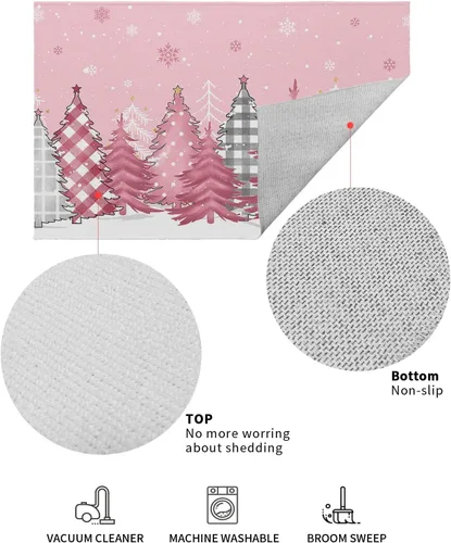 Miniatura 3 de Savannan Tapetes para suelo, árbol de Navidad a cuadros, copos de nieve, fondo rosa, antideslizante, parte trasera de látex, ultrafina