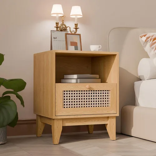 Miniatura 9 de Betterhood Juego de 2 mesitas de noche de ratán, juego de 2 mesitas de noche para dormitorio, mesita de noche bohemia, mesita de noche de madera