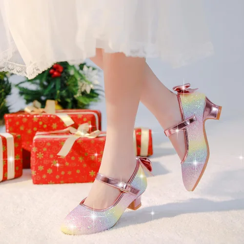 Miniatura 2 de Dufannie Zapatos de vestir para niñas, zapatos de tacón bajo de princesa, zapatos planos con purpurina para bodas y fiestas