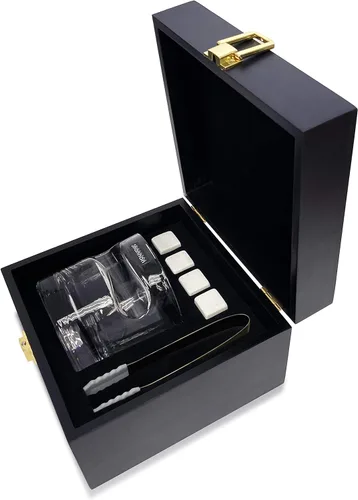 Miniatura 6 de Godinger Juego de Caja de Regalo de Madera de Vaso de Whisky para Cigarro con Vaso Old Fashioned, Piedras Enfriadoras de Whisky y Pinzas Juego de Bar