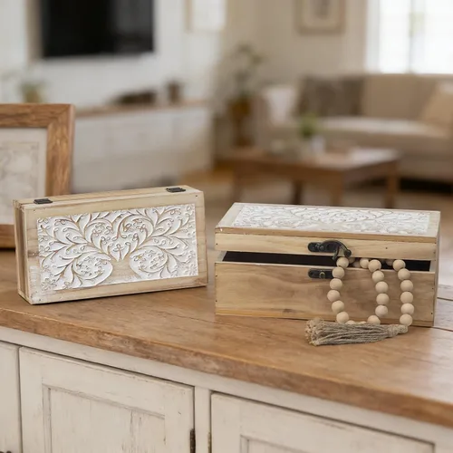Miniatura 6 de 2 cajas de recuerdo de madera tallada con tapa con árbol de la vida, cajas de almacenamiento decorativas para decoración del hogar, caja