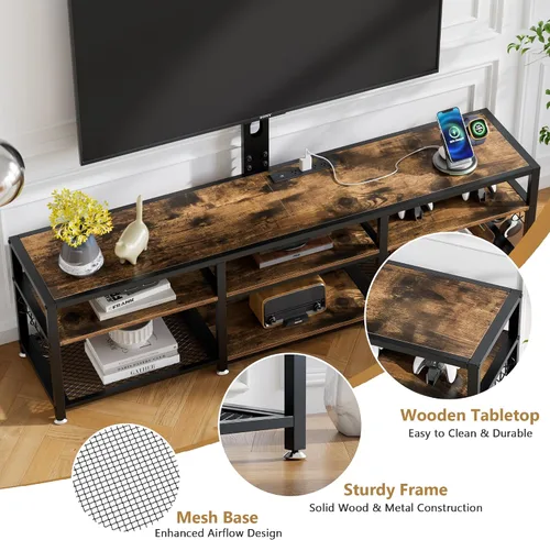Miniatura 7 de VECELO Soporte de TV con soporte y tomas de corriente, centro de entretenimiento para televisores de 55/60/65/70/75 pulgadas, consola multimedia