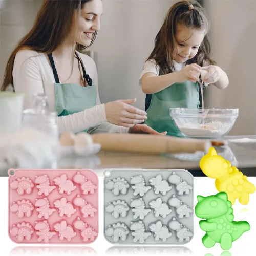 Miniatura 4 de Paquete de 2 moldes de silicona de dinosaurio con 12 cavidades 3D con temática de dinosaurios para hornear, herramienta de horneado para pastel