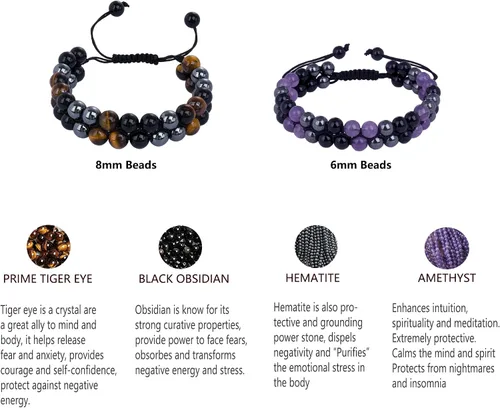 Miniatura 5 de Paquete de 2 pulseras de triple protección, obsidiana negra y hematita genuina de ojo de tigre y cuentas de hematita para hombres y mujeres, hechas