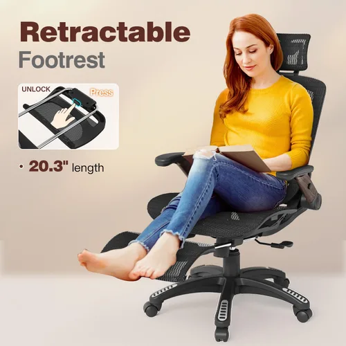 Miniatura 3 de GABRYLLY Silla de oficina ergonómica con reposapiés, silla de computadora de malla de respaldo alto con brazo abatible, reposacabezas 3D