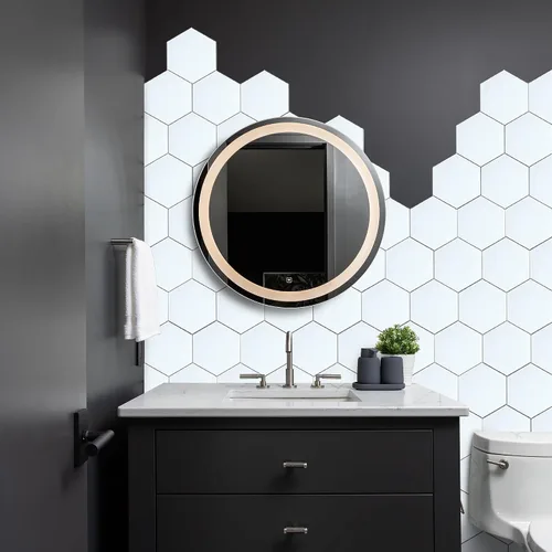 Miniatura 3 de Protector contra salpicaduras hexagonal blanco de despegar y pegar - Azulejo de pared de cerámica sintética, compuesto de aluminio tipo panal