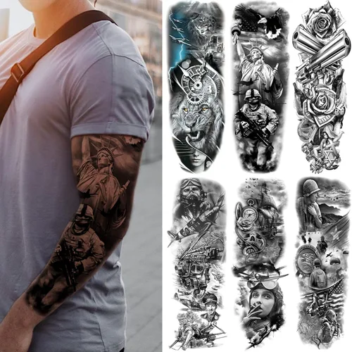 Miniatura 12 de Mangas temporales de tatuaje de bosque, brazo completo, lobo grande, león, animal, bosque, tribal, tatuajes falsos para hombres, mujeres y adultos