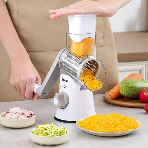 Miniatura 8 de Rallador de queso giratorio Geedel, rallador de mandolina de cocina para vegetales con 3 cuchillas intercambiables, rallador giratorio fácil