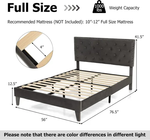 Miniatura 2 de KOMFOTT Base de cama tapizada tamaño matrimonial, base de cama de plataforma con cabecera copetuda y estribo acolchado suave, base de colchón