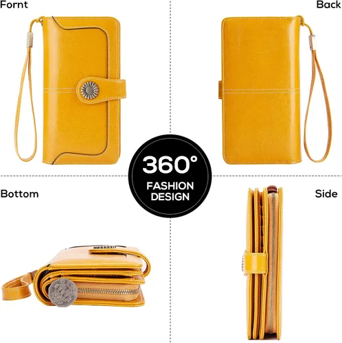Miniatura 5 de INSIFEEL Billetera pequeña para mujer bolso compacto de cuero con bloqueo RFID RFID para mujer Amarillo Retro