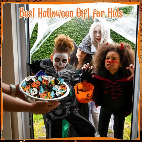 Miniatura 6 de AIQINHU Borradores de Halloween para niños a granel, 50 piezas grandes de Halloween, calabaza, fantasma, cráneo, murciélago, borradores para truco