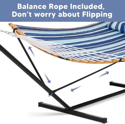 Miniatura 4 de SUNCREAT Hamaca doble con soporte incluido, hamaca portátil con soporte y almohada grande, rayas azules