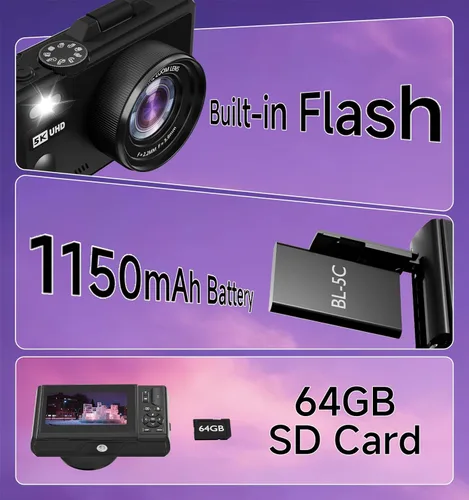 Miniatura 7 de Cámara digital 5K para fotografía, cámara digital de 80 MP con pantalla abatible de 3 pulgadas y 180° con zoom de 18X, tarjeta SD de 64 GB, cámara