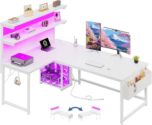 Miniatura 11 de DurayLoly Escritorio en forma de L para juegos con luz LED y toma de corriente, escritorio reversible en forma de L para computadora de 43.3