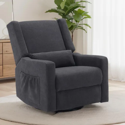 Miniatura 14 de Tbfit Silla reclinable giratoria de 360°, mecedora de guardería con soporte lumbar para dormitorio, cómodo sillón tapizado con almohadas y Beige