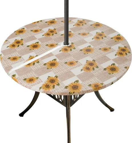 Miniatura 16 de Mantel redondo de vinilo con agujero para paraguas y cremallera, mantel ajustable 100% impermeable, fácil de limpiar, cubierta de mesa de PVC