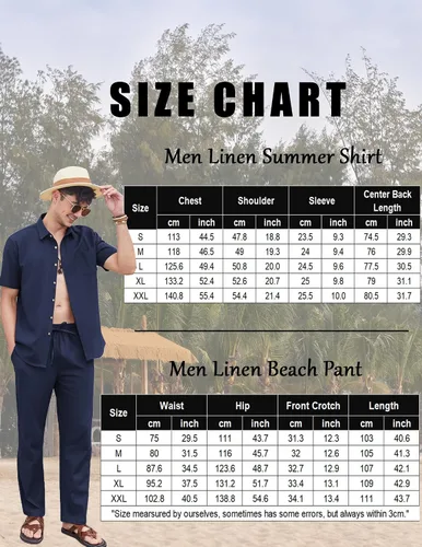 Miniatura 7 de COOFANDY Conjunto de 2 piezas de lino para hombre, conjunto de camisa y pantalón con botones para la playa