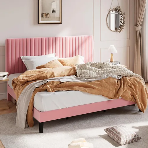 Miniatura 13 de SHA CERLIN - Base de cama tamaño Queen tapizada con plataforma y cabecera acolchada de terciopelo con canales verticales ajustables, soporte
