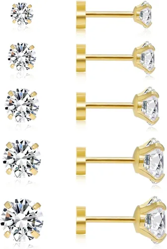 Delicados 6 pares de aretes para múltiples piercings, ligeros chapados en oro de 14 quilates, pequeños aretes tipo dormilona con parte trasera