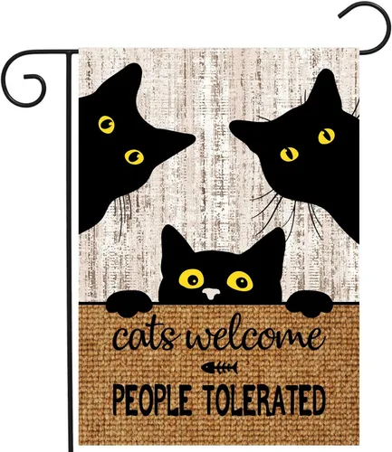 Bandera de jardín de gato negro Bandera de gatos Bandera de bienvenida para personas toleradas Bandera de Halloween para exteriores de 12 x 18