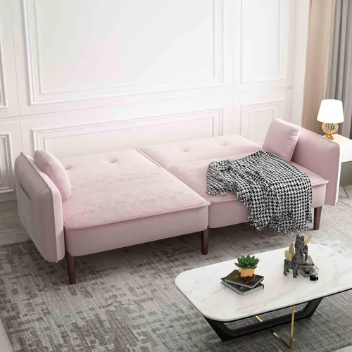 Miniatura 7 de Futón biplaza de 75 pulgadas, sofá cama convertible de terciopelo, moderno con patas de madera, sofá reclinable tapizado plegable, asiento de espuma