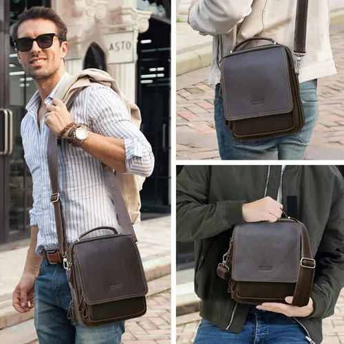 Miniatura 2 de CONTACTS Bolso de mensajero de cuero de grano completo para hombre, bolso de hombro cruzado, bolso de viaje para iPad de 10.5 pulgadas (marrón)