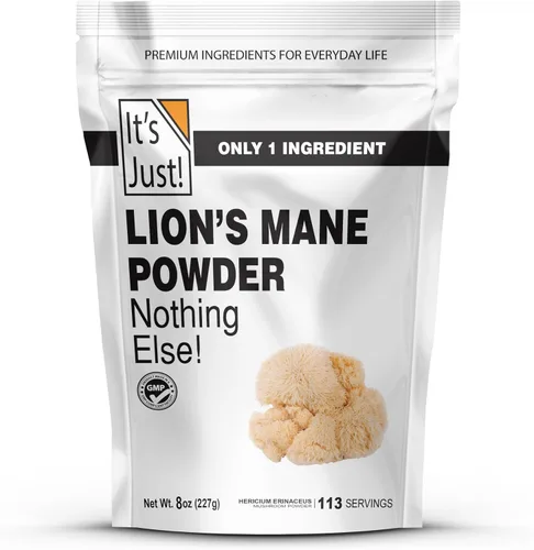 It's Just! - Polvo de hongo de melena de león, superalimento crudo natural, apoyo cerebral, salud inmunológica, impulso de energía, sin OMG, 8 onzas