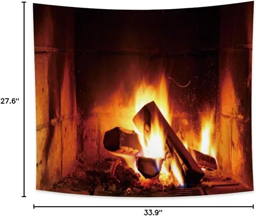 Miniatura 5 de Haoyiyi Tapiz de fuego ardiente de 33.9 x 27.6 pulgadas, chimenea de madera de Navidad, ladrillo brillante, para colgar en la pared, vintage