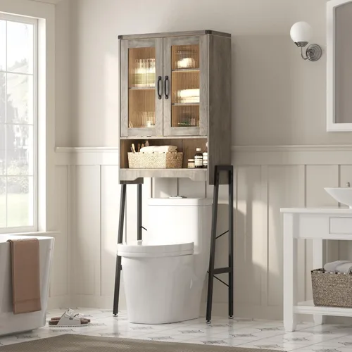 Miniatura 13 de Gabinete de almacenamiento sobre el inodoro con puertas estilo granja y estante ajustable, organizador de baño alto con soporte de metal que ahorra