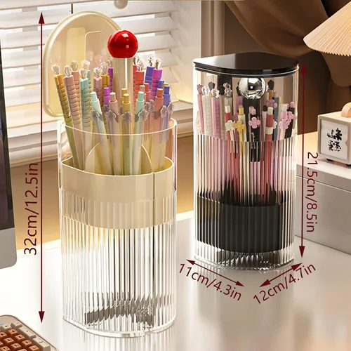Miniatura 5 de Soporte para brochas de maquillaje con tapa, mecanismo de apertura y cierre con una sola mano, organizador de herramientas cosméticas, transparente