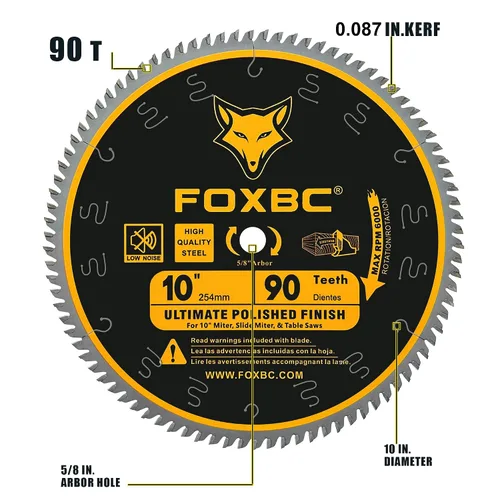Miniatura 2 de FOXBC Hoja de sierra de 10 pulgadas con 90 dientes de acabado pulido Ultimate para madera, eje de 5/8 pulgadas