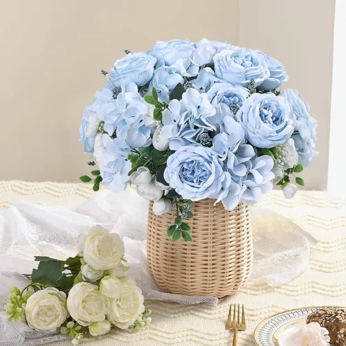 Miniatura 8 de MARTINE MALL 2 Paquetes de Flores Artificiales de Peonía, Flores Artificiales Azules de Peonía, Flores de Seda de Peonía, Flores de Peonía Falsas